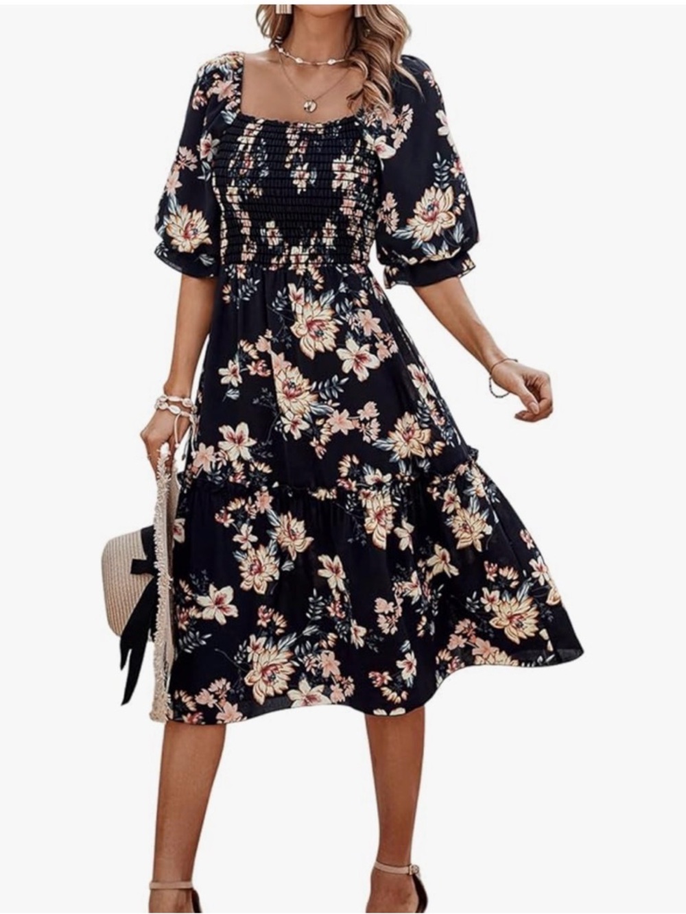 PRETTYGARDEN Spring Square Neck A Line Flowy Boho Floral Smocked Midi Dress